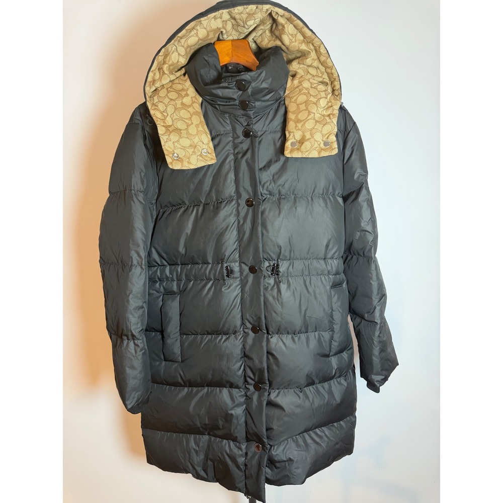 Coach Womens Long Puffer Coat Black Signature Monogram Hood Down Jacket CL273